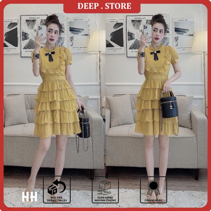 Đầm Dự Tiệc Ms.2187 Đầm Dáng Xòe Tầng Thiết Kế Cổ Tàu Xếp Bèo Tay Lửng Kèm Tag Nơ Màu Tôn Da, Chất Voan Bi Sang Chảnh