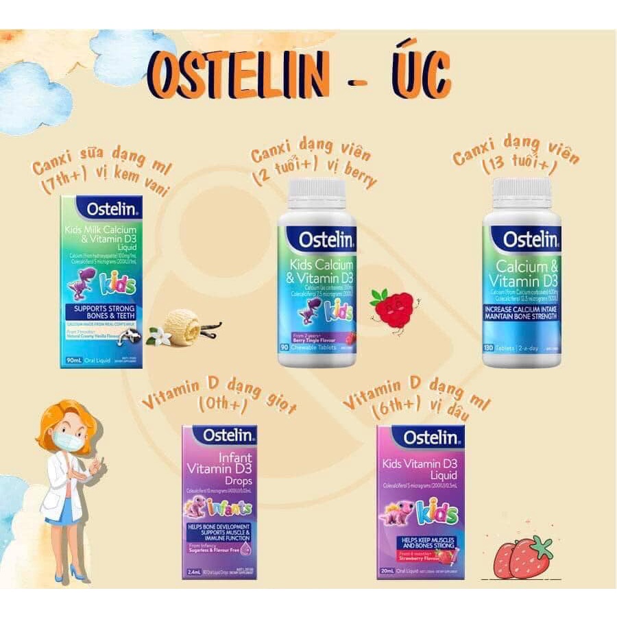 Canxi khủng long cho bé Ostelin Kids Milk Calcium &amp; D3, Úc (90v/90ml)