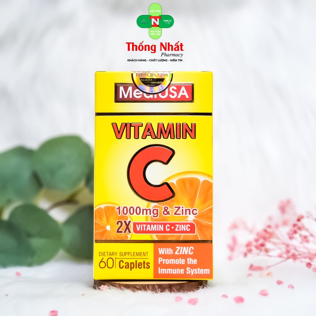 Viên uống Vitamin C 1000mg và Kẽm giúp trắng da tăng sức đề kháng MediUSA Vitamin C Hộp 60 viên