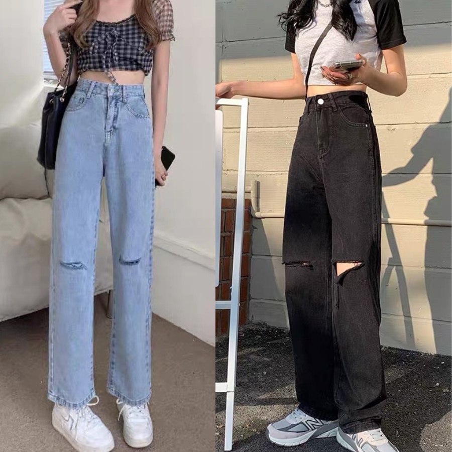 Quần jeans nữ QR01 rách 2 gối form ống suông rộng, jean baggy cá tính năng động hottrend 2022 MÂY_1989