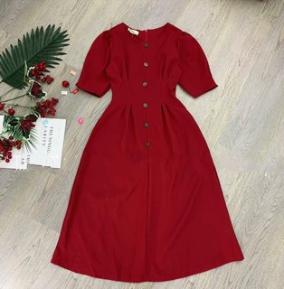 Đầm đỏ xoè tay phồng xếp eo