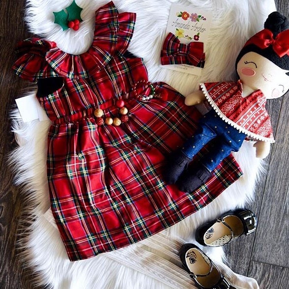 Set đầm sọc caro phong cách Giáng sinh kèm băng đô cho bé gái