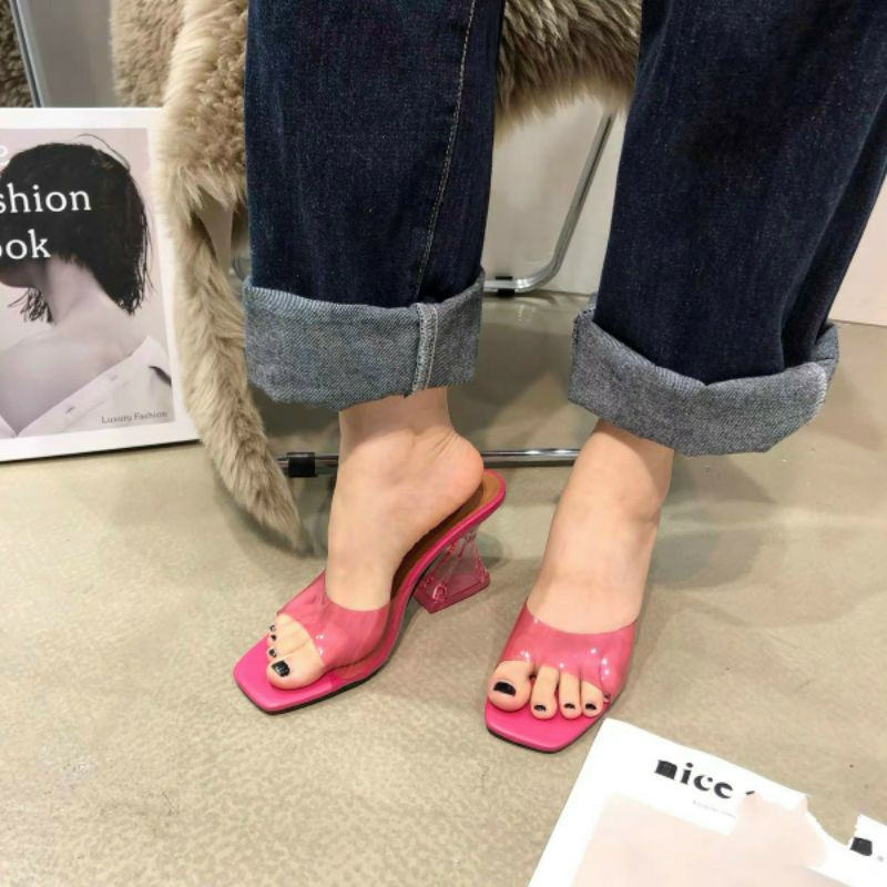 Guốc mica gót loe trong màu sắc hồng xanh đen bạc cam