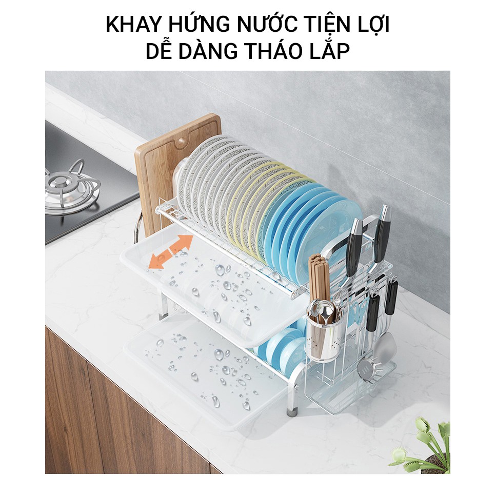 [freeship] Kệ Chén Đĩa INOX 304 Cao Cấp Vando Kèm Khay Ráo Nước Giá Để Bát Tiện Lợi