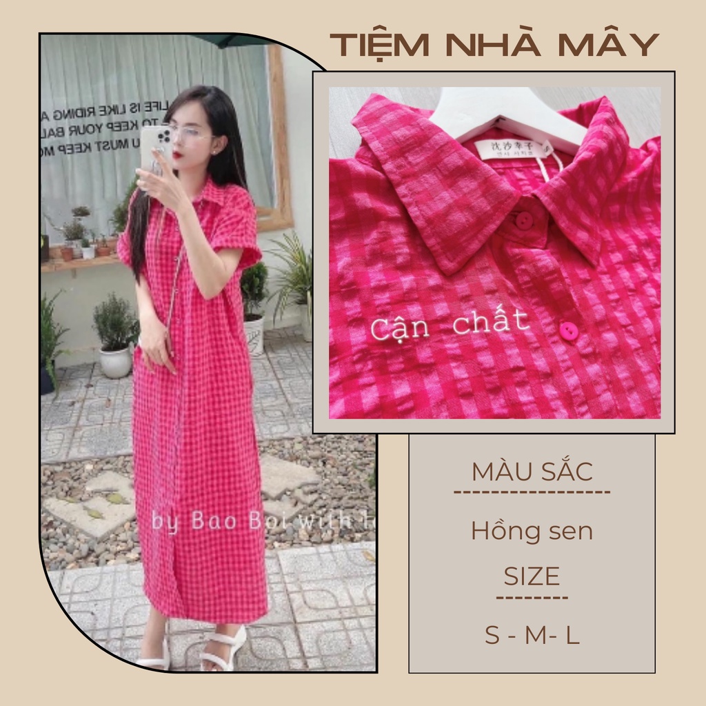 Đầm Sơmi Suông Kẻ Hồng Chất Nhăn Chuẩn Đẹp