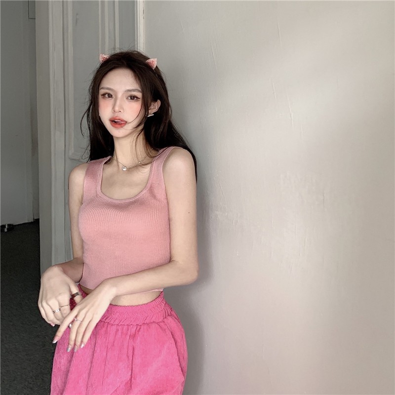 Cocory vn Áo croptop dệt kim không tay màu trơn thời trang phong cách Hàn Quốc 7 màu tùy chọn cho nữ