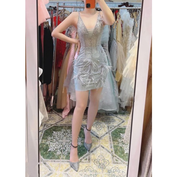 Đầm váy body 2 dây dự tiệc kết hạt thủ công đính lông vũ sang chảnh