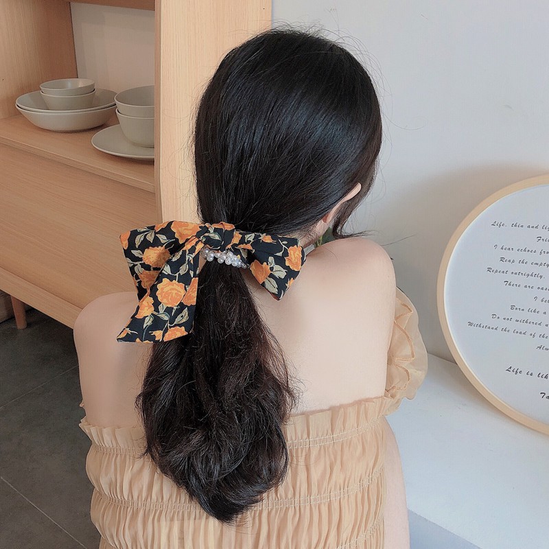 We Flower Dây Cột Tóc Chiffon In Hoa Đính Ngọc Trai Thời Trang Cho Nữ