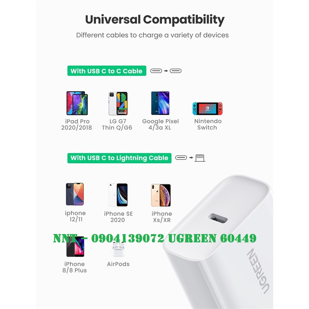 Củ sạc nhanh USB Type-C 18W Ugreen 60449 Hỗ trợ sạc iPhone XS Max Chính hãng cao cấp