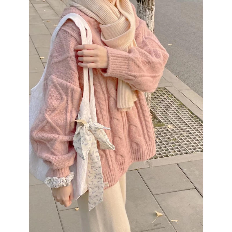 Áo Sweater Nữ Len Thừng Form Rộng Tay Dài Cổ Tròn Dáng Dài Trùm Mông Màu Trắng Kiểu Hàn Quốc Thu Đông Chali AL058