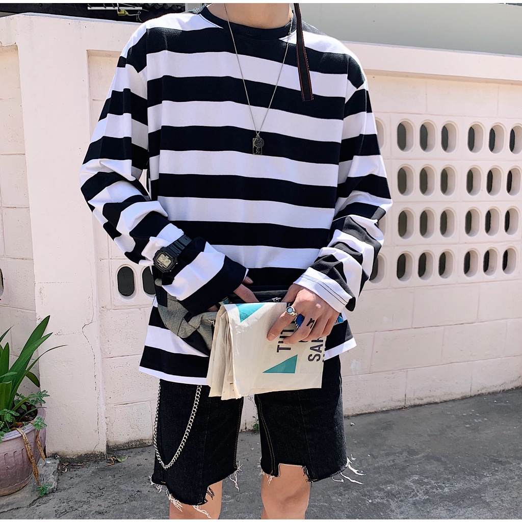 Áo thun tay dài dáng rộng họa tiết kẻ sọc phong cách hàn quốc thời trang mùa thu cho nam