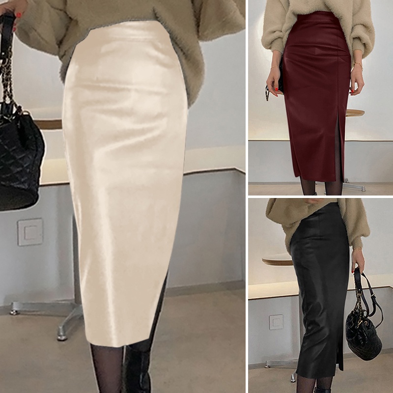 ZANZEA Chân Váy Da PU Dài Lưng Cao Xẻ Tà Thời Trang Cho Nữ