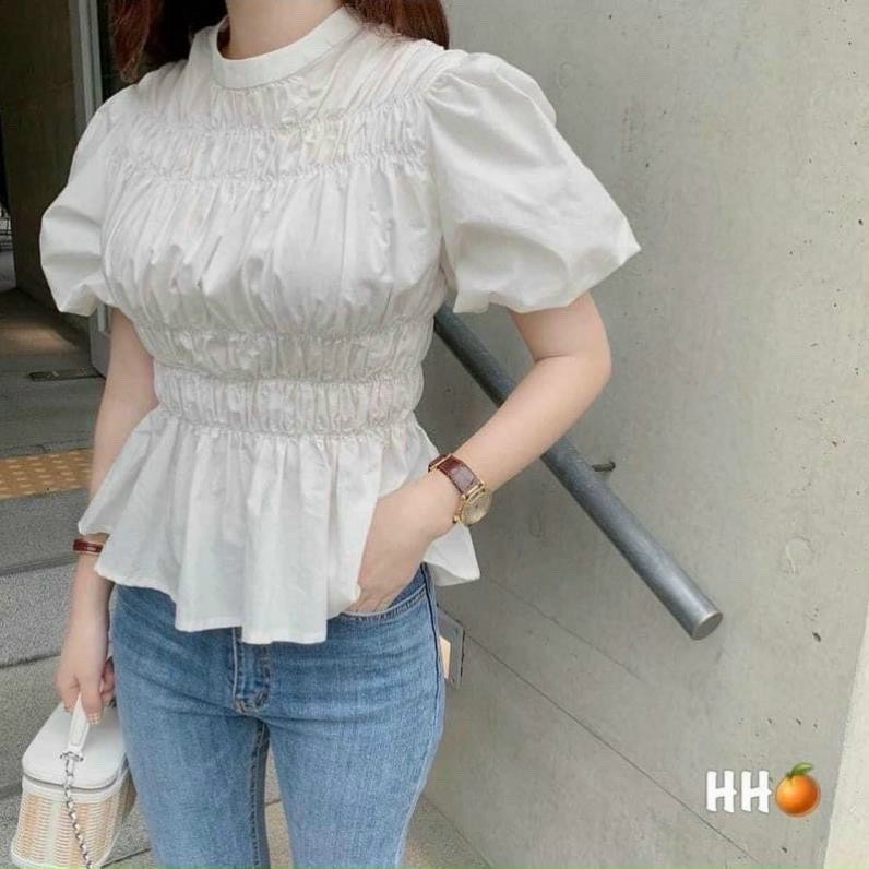 ÁO PEPLUM TAY LỠ NHÚN THÂN CỔ CAO DỄ THƯƠNG