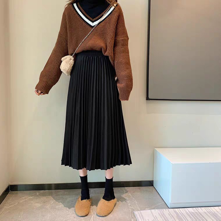 CHÂN VÁY XẾP LI MIDI MÀU BE MÀU ĐEN ULZZANG HOT