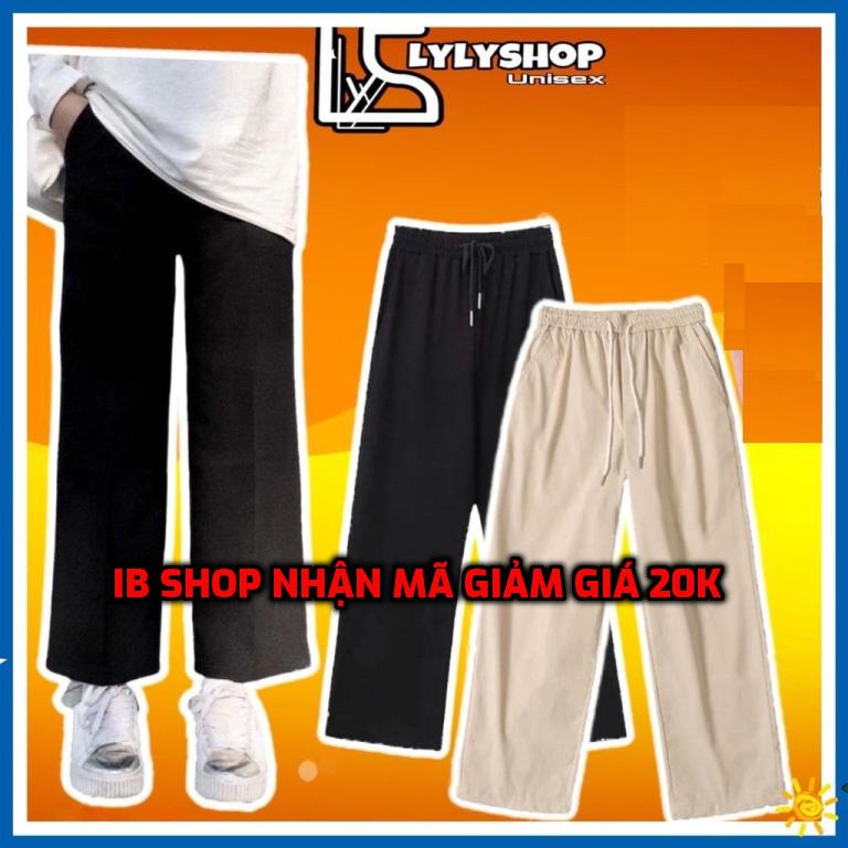 Quần ống rộng Unisex, quần Simple dành cho nữ, cạp chun có dây rút điều chỉnh eo vải co dãn dày dặn mặc 4 mùa