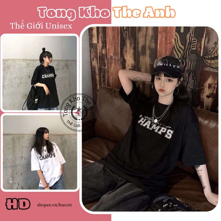 Áo thun tay lỡ nam nữ  - áo phông unisex Champ ⚡ Phông cổ tròn form rộng chất cotton mặc đôi, nhóm cực đẹp