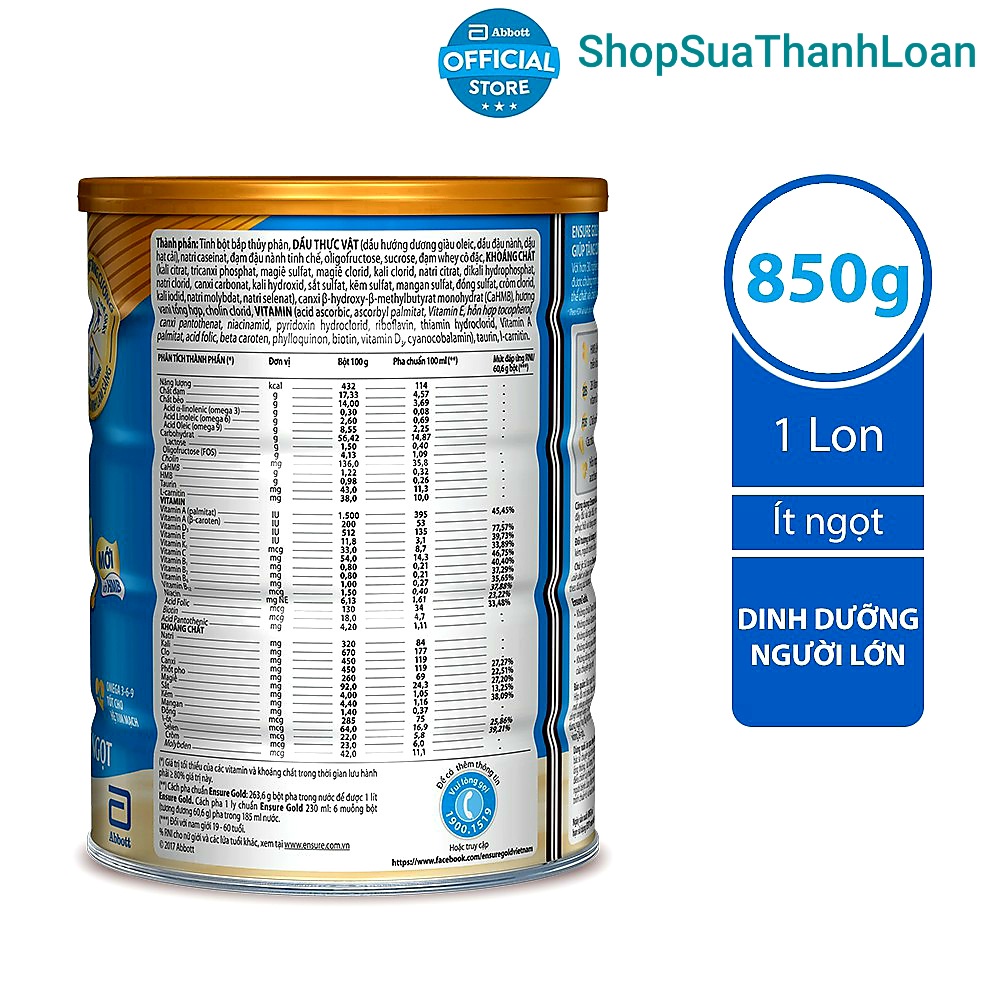 [HSD T1-2024] Sữa Bột Ensure Gold Vani Ít ngọt (HMB) - Hộp 850gr