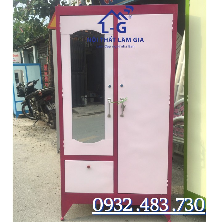 Tủ sắt quần áo treo xếp cao 1m6x90 màu xanh lá có gương soi_new