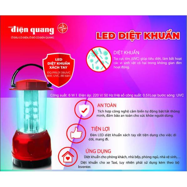 Đèn Led Diệt Khuẩn Điện Quang ĐQ PRL01 06UVC- Công suất 6W, tia UVC, để bàn hay treo đều được