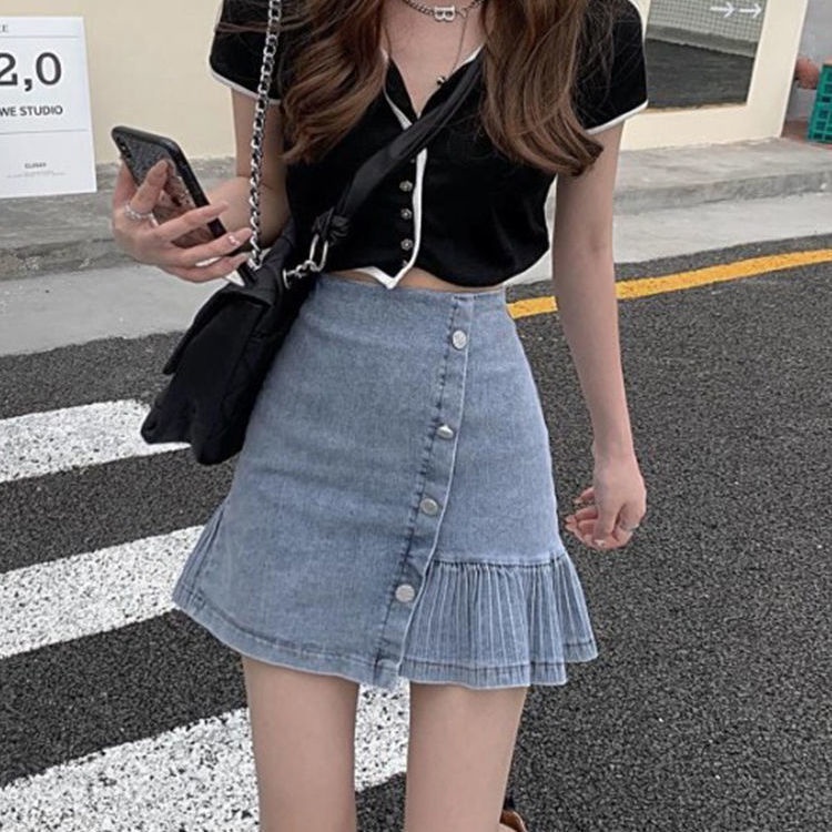Chân Váy Denim Ngắn Lưng Cao Phong Cách Hàn Quốc Mới