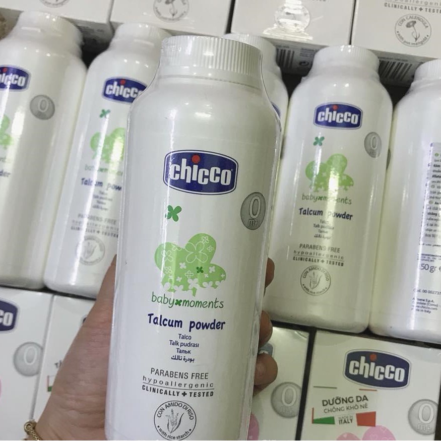 Phấn rôm Chicco nhập khẩu từ Ý tinh bột gạo,phấn nước làm mát da dưỡng da mềm mịn thơm mát nhẹ dịu cao cấp cho bé 150gr