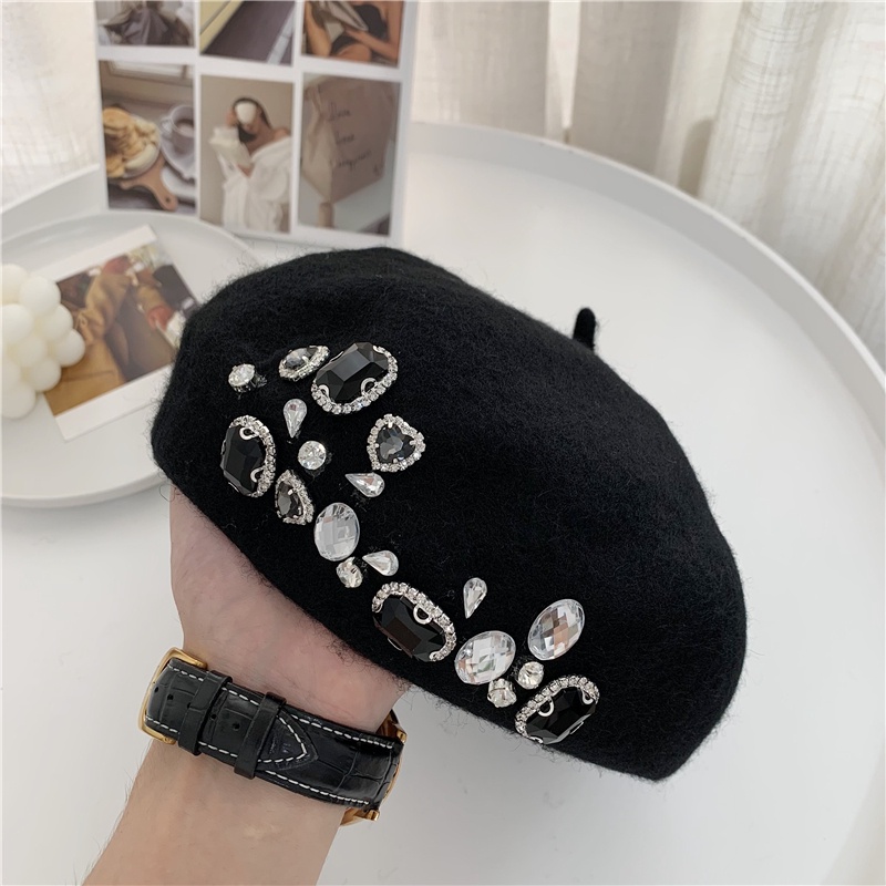 Mũ Beret Len Đính Đá Thời Trang Thu Đông Phong Cách Vintage Mới 2022