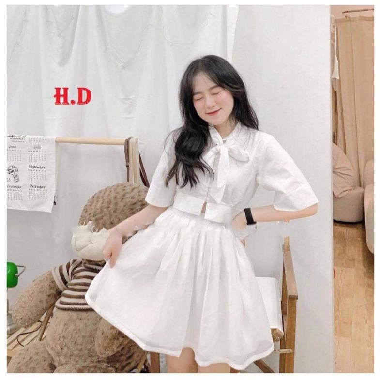 Sét váy nữ basic trắng tách rời gồm áo croptop ngắn tay cổ nơ + chân váy xòe cạp chun hai lớp ulzzang vỉntage tiểu thư