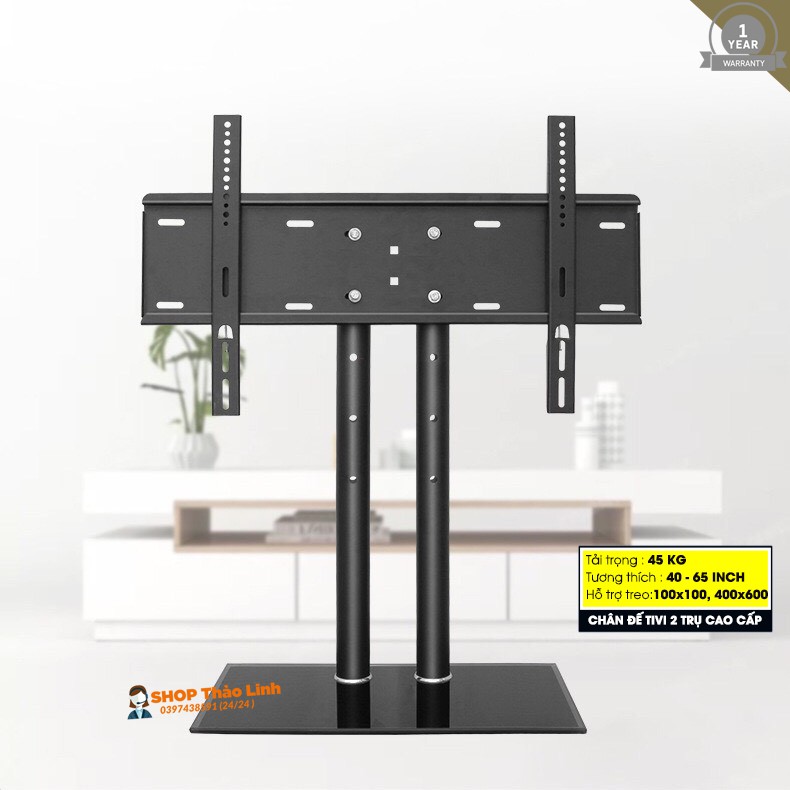 Chân đế tivi đa năng 40-65 Inch - 2 trụ chịu lực lớn - Chân tivi để bàn mặt kính cường lực - Model: DZ65