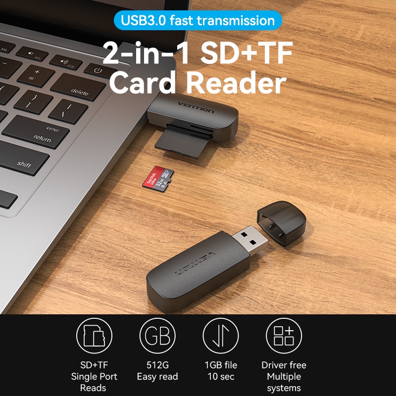 Đầu Đọc Thẻ Nhớ 2 Trong 1 Vention Usb 3.0 Dung Lượng 512GB