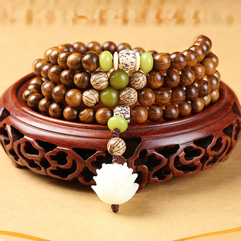 Vòng Tay 108 Hạt Gỗ Khắc Hình Hoa Sen