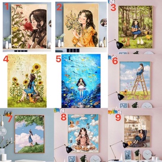 Sẵn - Tranh số hoá đã căng sẵn khung chỉ cần tô màu theo số - tranh cô gái tóc xoăn, cô gái độc thân