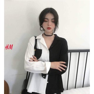 Áo sơ mi phối thân đen trắng .