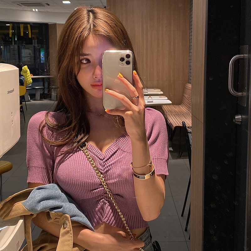 Áo Dệt Kim Ngắn Tay Cổ Chữ V Dáng Ôm Thời Trang Mùa Hè Dành Cho Nữ