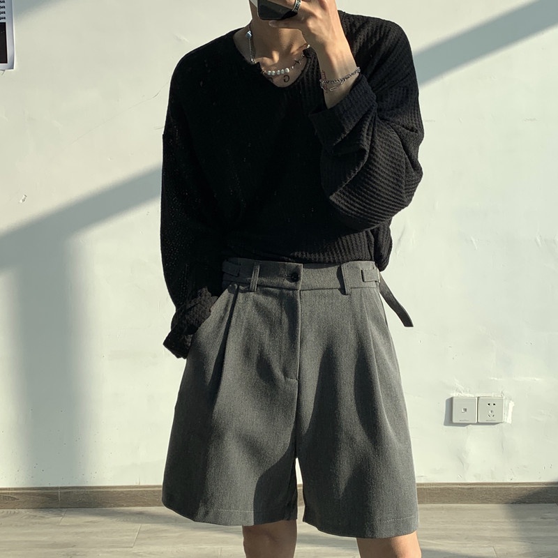 ♞AFF LIGA♞ Quần ngắn dáng rộng màu trơn thời trang mùa hè phong cách Hàn Quốc dành cho nam