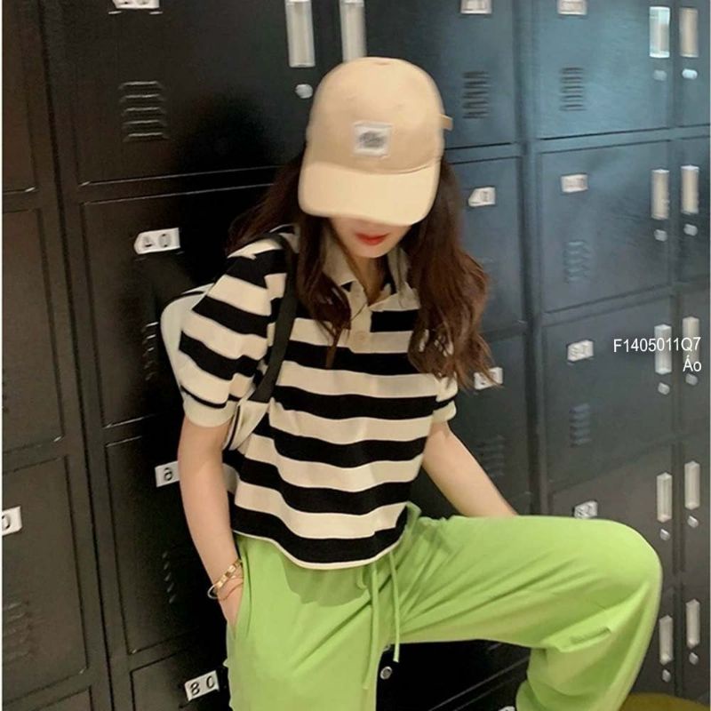 Áo len sọc ngang hở lưng gài nút hàng Quảng Châu 1405