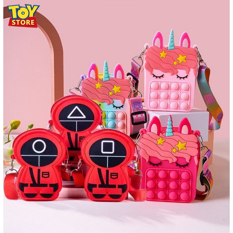 Squid Game Pop It Fidget Toy Túi Sứ Giả Kỳ Lân Đồ Chơi Giải Phóng áp Suất Bong Bóng đẩy Trẻ Em pop ít túi đeo xách Silicone Cầu Vồng