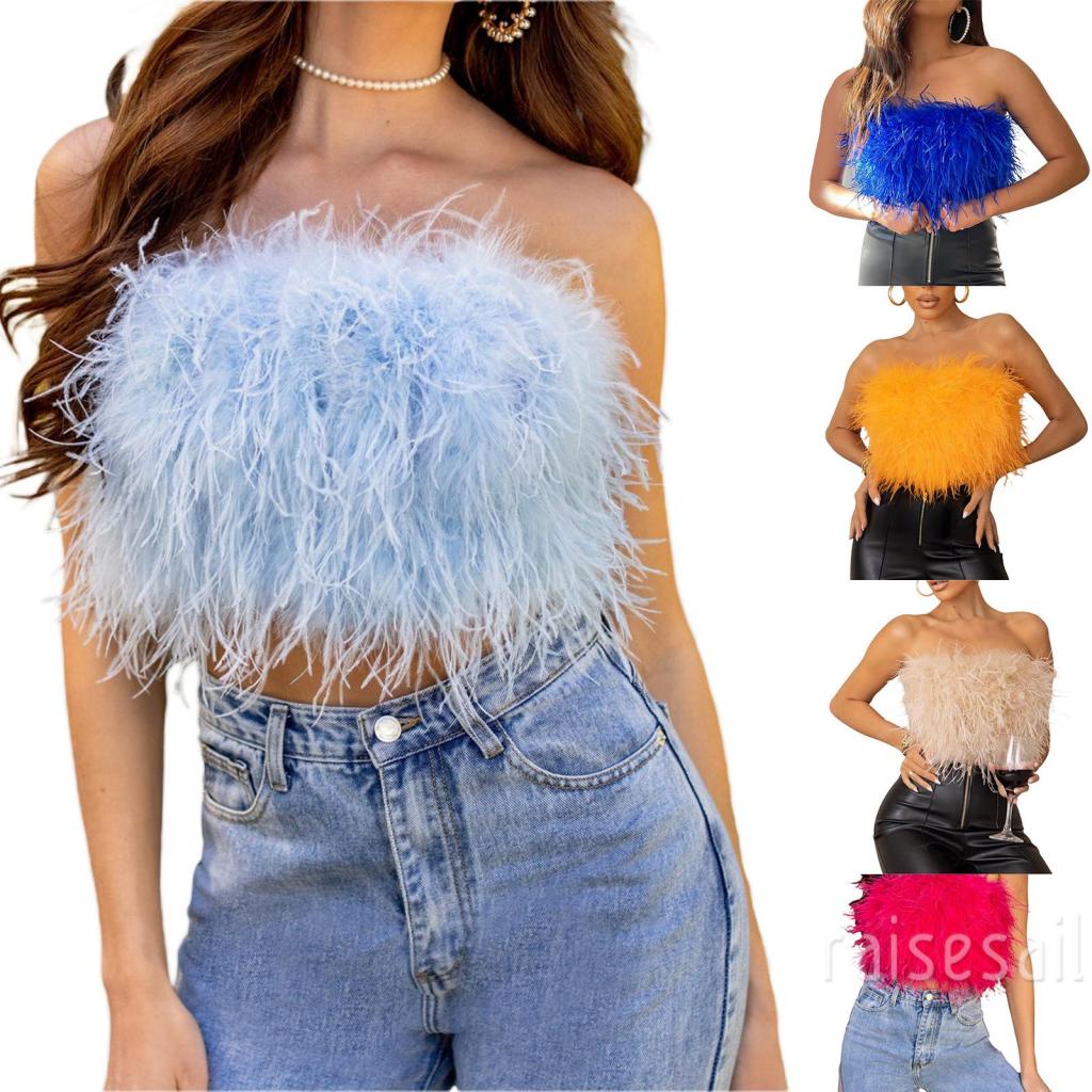 Áo Croptop Không Tay Hở Vai Màu Trơn Phối Lông Thời Trang Cho Nữ