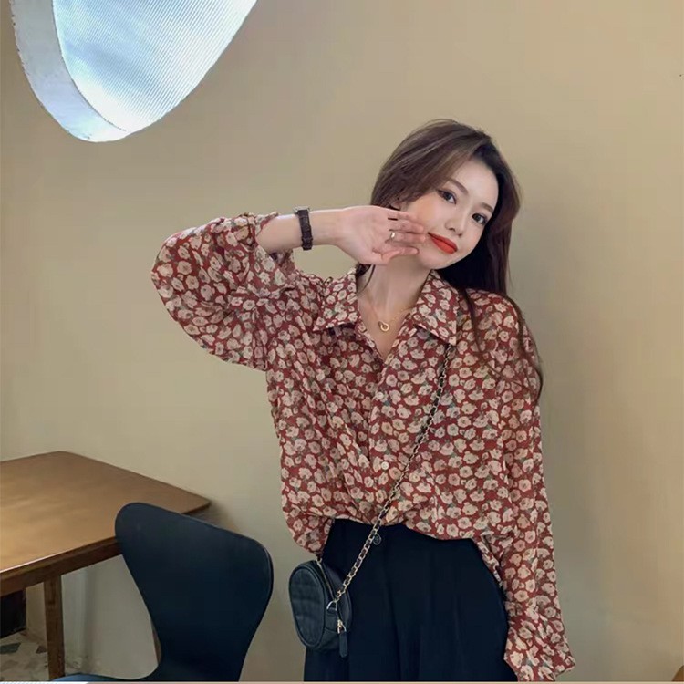 Áo sơ mi voan tay dài thời họa tiết hoa trang xuân hè  cho nữ
