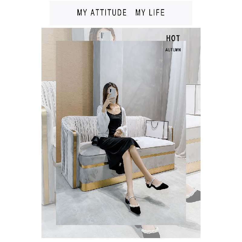 Giày Cao Gót Mũi Nhọn Đính Ngọc Trai Phong Cách Retro Cho Nữ