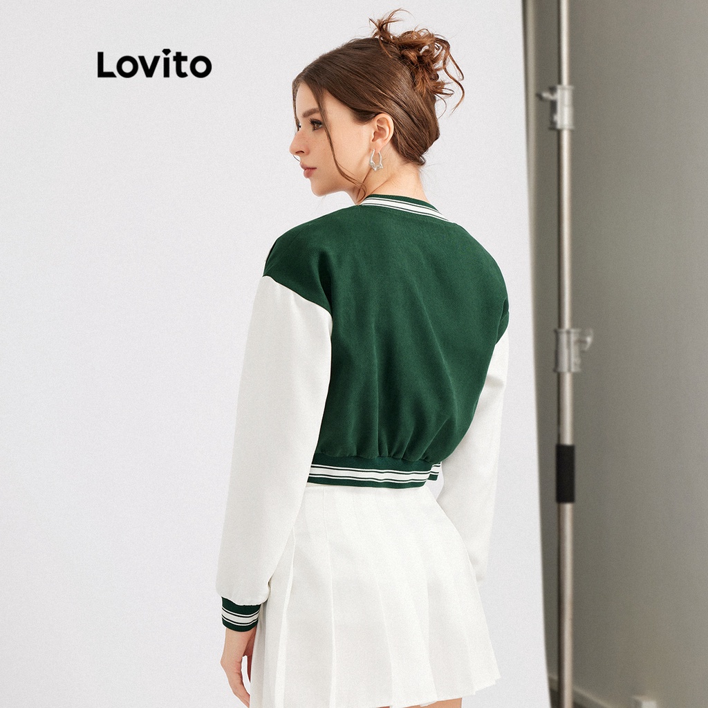 Áo khoác Lovito màu trơn họa tiết chữ cái ghép màu không biến dạng phong cách thường ngày L30ED026 (màu xanh lá)