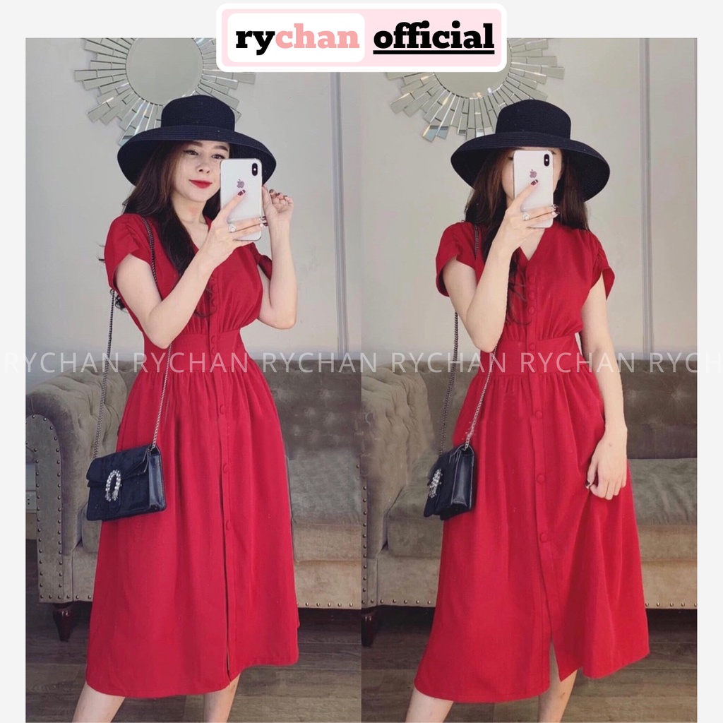DX200 - Đầm Xòe Nút Bọc Cổ V Tay Con Chít Eo 3 Màu Vàng Nude Đỏ