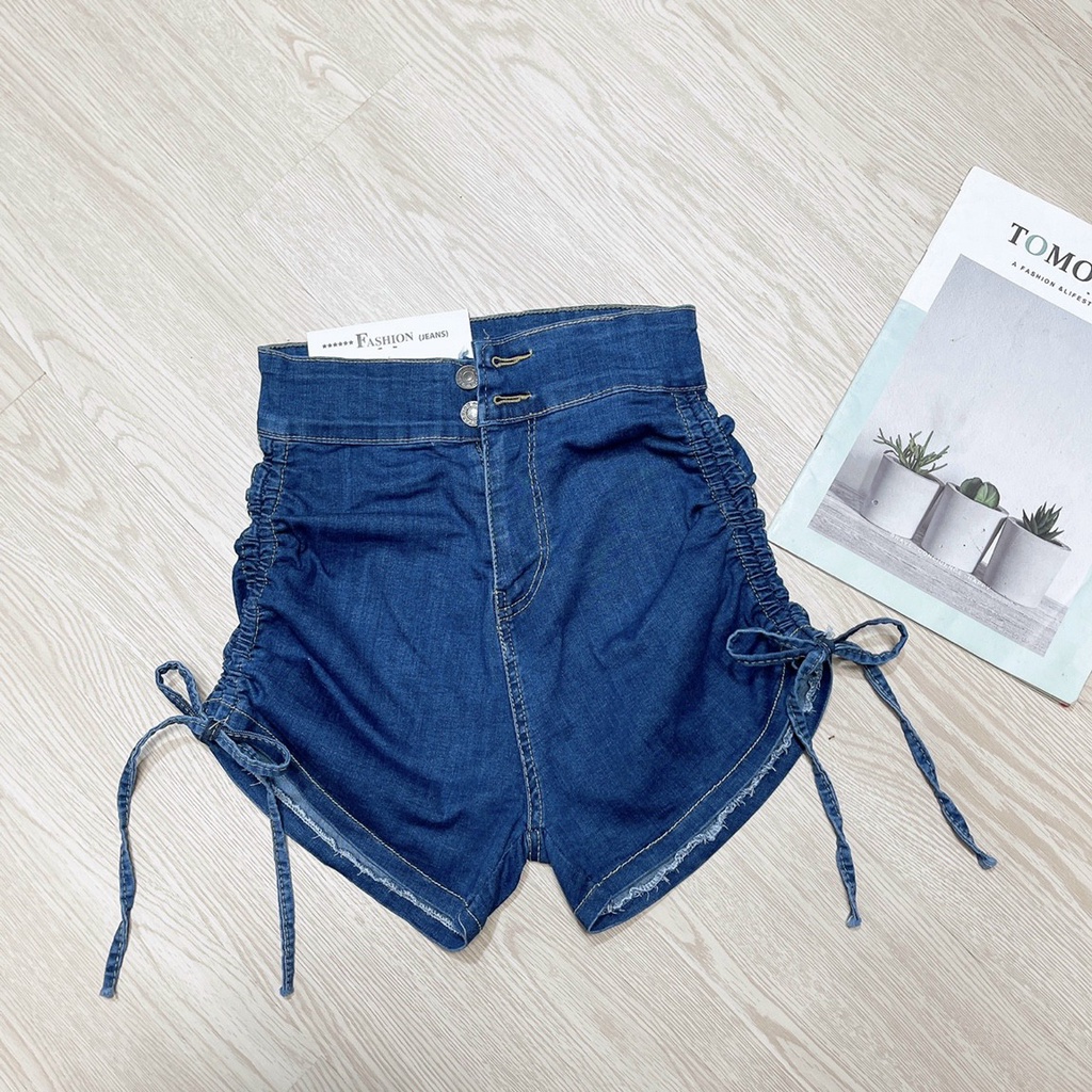 Quần short jean nữ chất denim lưng cao dây rút bên hông co giãn thời trang hè