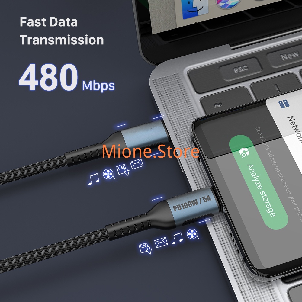 Dây cáp sạc nhanh MIONE 100W chuyển đổi Type C sang USB C PD 65W thích hợp cho máy tính xách tay notebook