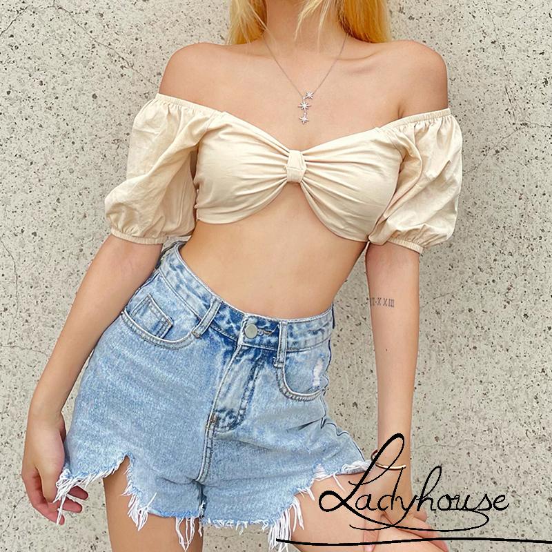 Áo Croptop Trễ Vai Tay Phồng Màu Trơn Thời Trang Mùa Hè Cho Nữ
