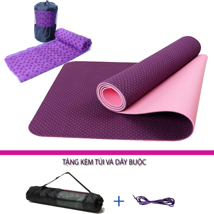 Combo Thảm Tập Yoga TPE 6mm và 8mm 2 lớp Đài Loan + Khăn Trải Thảm Hạt Nổi (Tặng kèm túi và dây buộc)