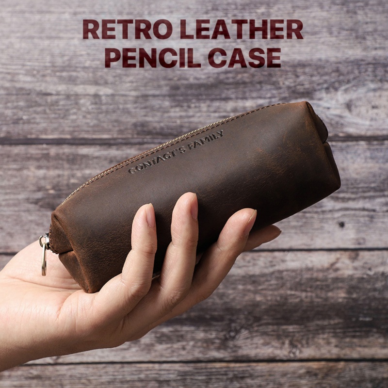 Túi Đựng Bút Bằng Da Bò Handmade Hình Vuông Có Khóa Kéo Phong Cách Vintage