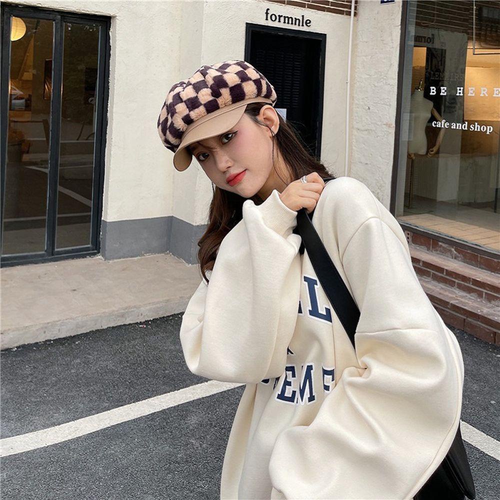 Mũ Beret Vải Lông Họa Tiết Kẻ Ô Vintage Hợp Thời Trang Thu Đông Cho Nữ