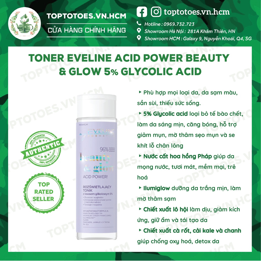 Toner Eveline 5% Glycolic acid làm da căng bóng, sáng mịn, mờ thâm sạm