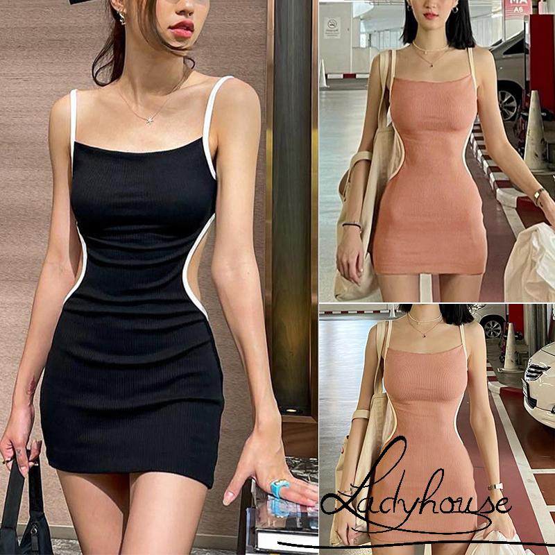 Đầm Hai Dây Hở Lưng Ôm Dáng Màu Tương Phản Cho Nữ