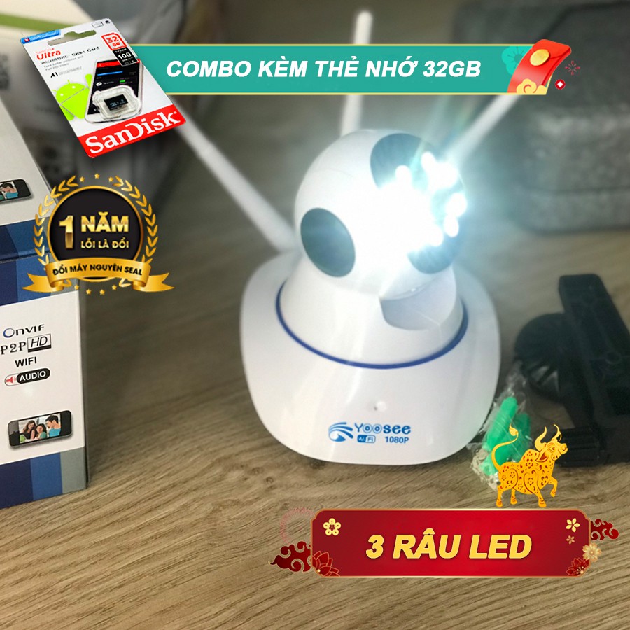 Combo Kèm Thẻ Nhớ 64GB Camera Yoosee 3 Râu Có Đèn Led, Đèn Hồng Ngoại Quay Đêm Có Màu | WebRaoVat - webraovat.net.vn